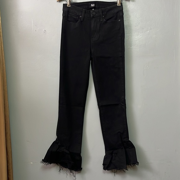 PAIGE Hoxton Straight Ankle Black Jeans Ruffle Distressed Hem - Picture 2 of 9